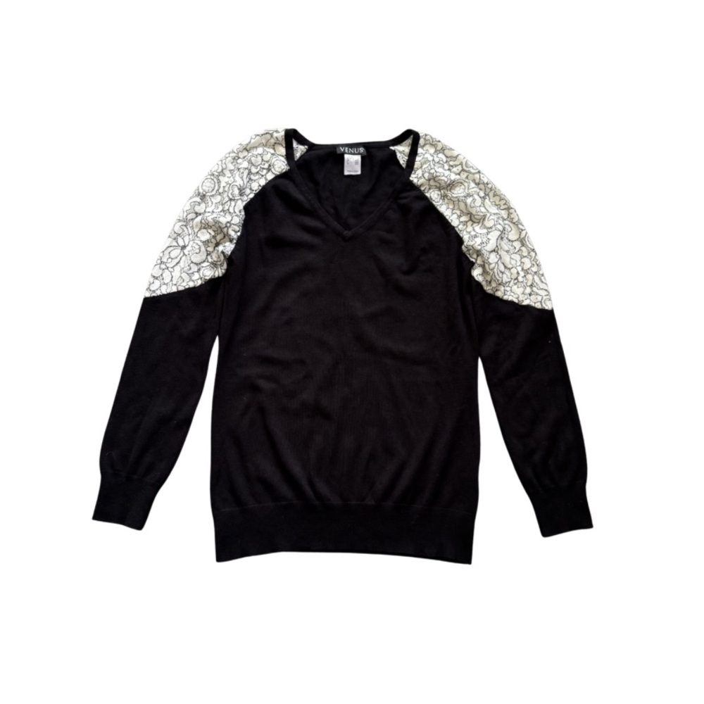 VENUS Floral Lace Shoulder V-Neck Sweater